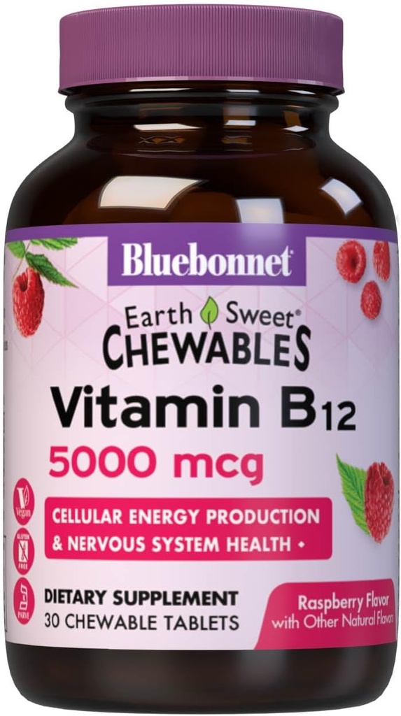 Bluebonnet Nutrition Earth Makea B12 5000 mcg purutabletti, soijaton, gluteeniton, Kosher Certified, Dairy-free, Vegaani, Vadelmamamakeinen, 30 purutablettia, 30 tarjoilua