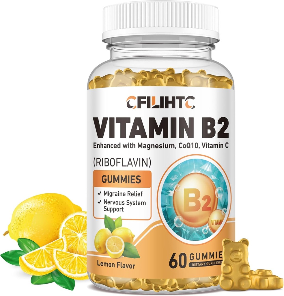 Vitamin B2 Gummies Riboflavin 400mg Supplement för barn & vuxna - Magnesium Glycinate, Zink, CoQ10, Vitamin B12 - Migraine Relief & Energy, Nervous System Support, Sugar Free Lemon Flavor, 60ct