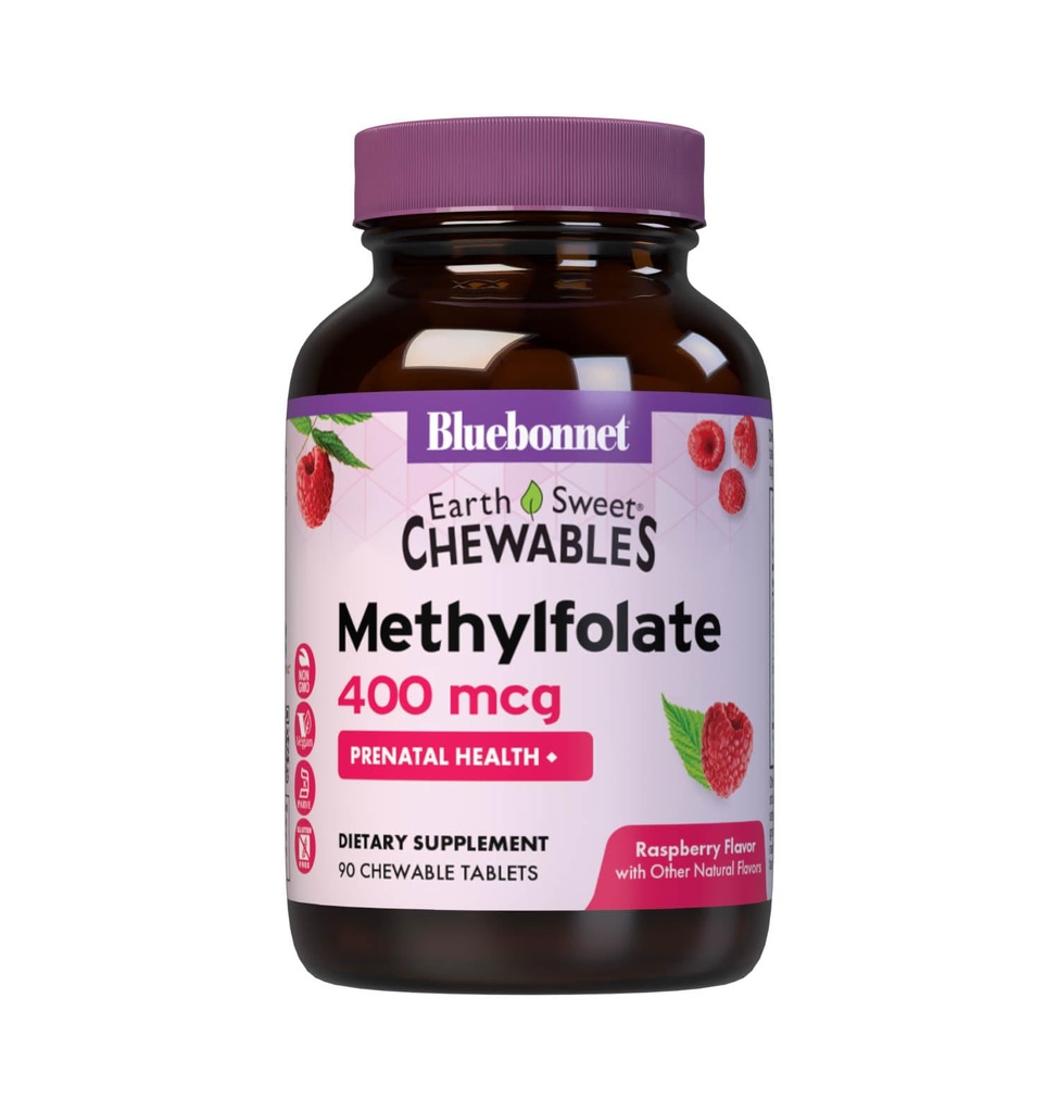 Bluebonnet EarthSweet Methylfolate 400 mcg Cellular Active Coenzyme 5- MTHF L Metyyli Folaatti Supplement - Prenatal & Energy Support* - Ei-GMO, Vegaani, Gluteeniton - Vadelma - 90 purutablettia