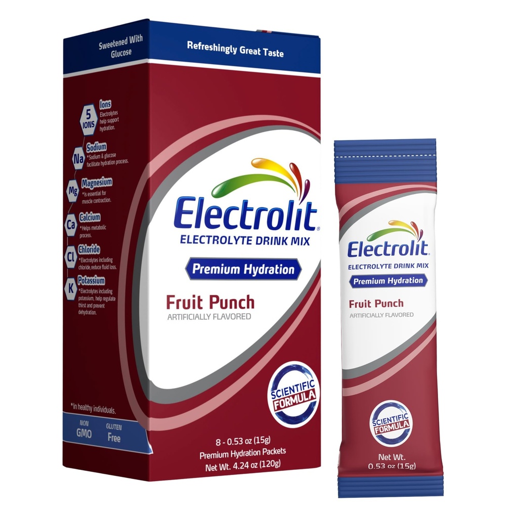Electrolit Elektrolyyttejä Powder Packets, Fruit Punch 8 Pack, Jauhetut nesteytyspakkaukset kuivumiseen ja nesteytymiseen, Post Harjoitus Maustettu nesteytys Mix, Gluteeniton päivittäinen vedenparannusainetikut