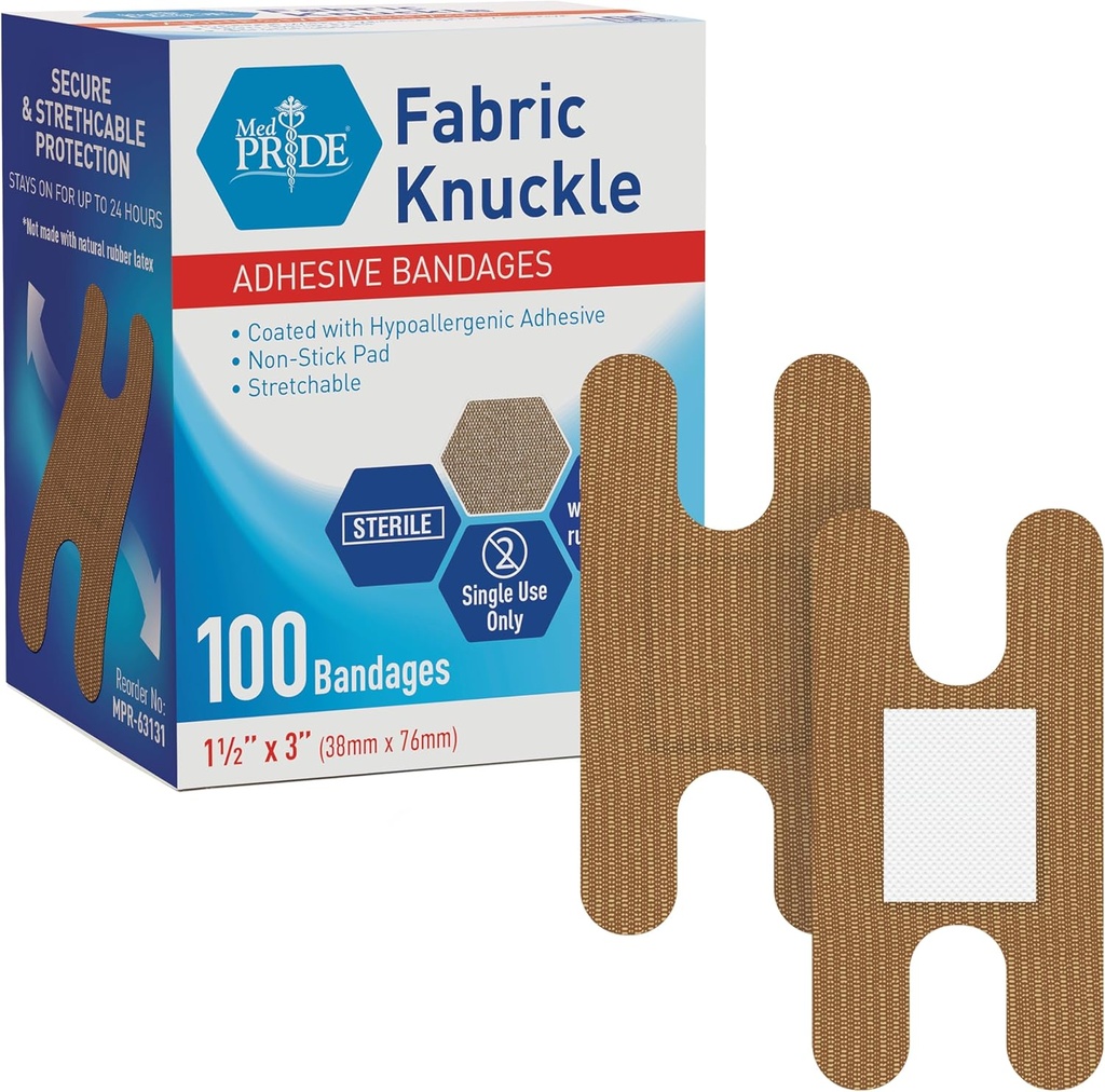 MED PRIDE 100 Sterile Fabric Fingertip, Finger och Knuckle Bandages - Latex och Rubber Free Hypoallergenic, 1.5in X 3in