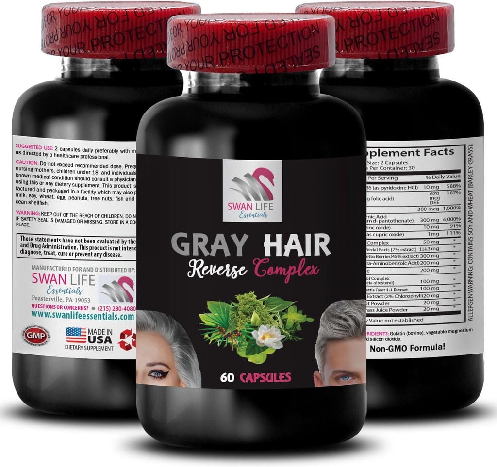 Biotin, dynamisk färg - GRAY HAIR REVERSE - förnyat hår utseende, hår glöd, färsk vibrancy, färg re-energizer, frodigt hår, strålande glans, hår gnista, vitalisera formel 1 flaska 60 kapslar