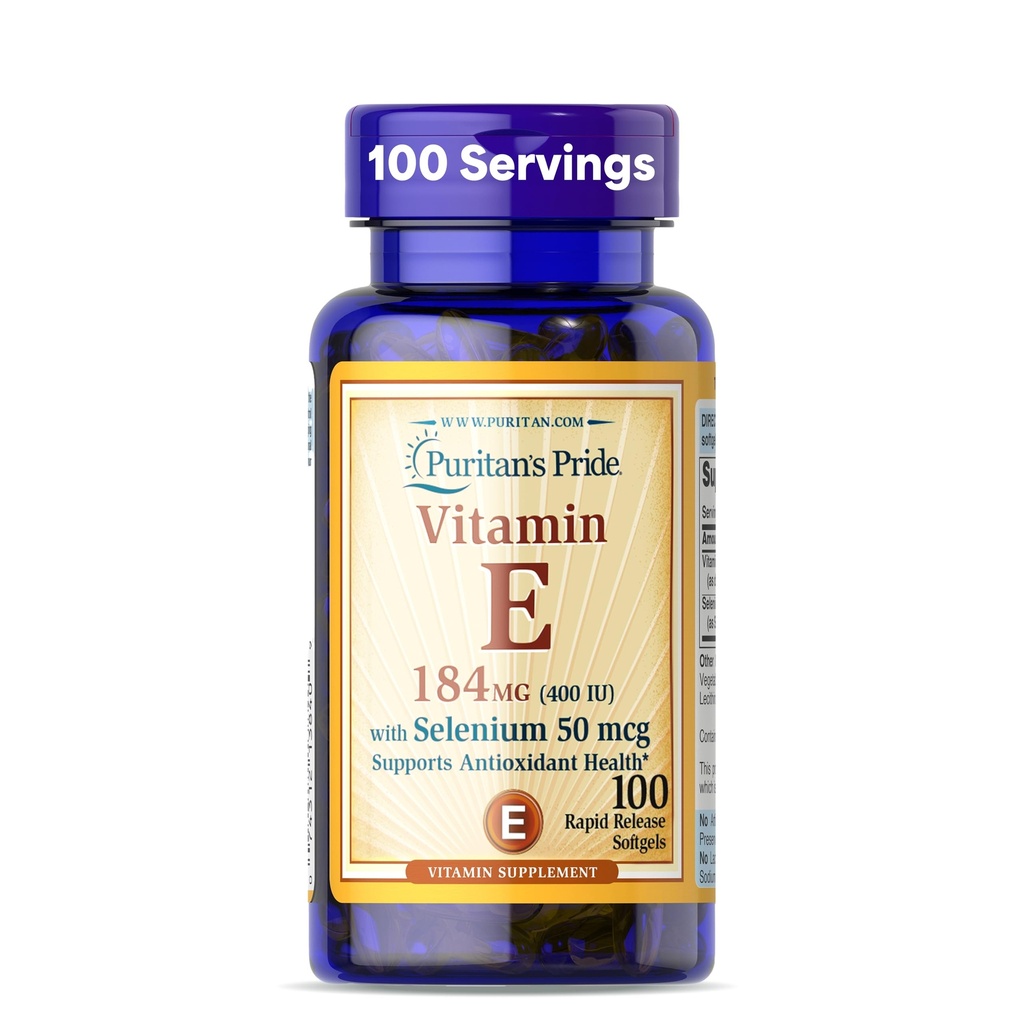 Puritans Pride Vitamin E 184mg (400 IE) med Selen 50mcg, Vitamin Supplement för immunsystem och antioxidant Health Support, 3 månaders leverans, 100 Rapid Release Softgels