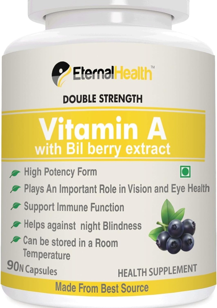 Eterna.l-Health A-vitamiini (kaksinkertainen vahvuus) kanssa mustikkauutteita ja Retinyl Palmitate uutteet- High Potency Form - Tukee tervettä visiota ja immuunijärjestelmää ja tervettä kasvua 90 Veg kapselit