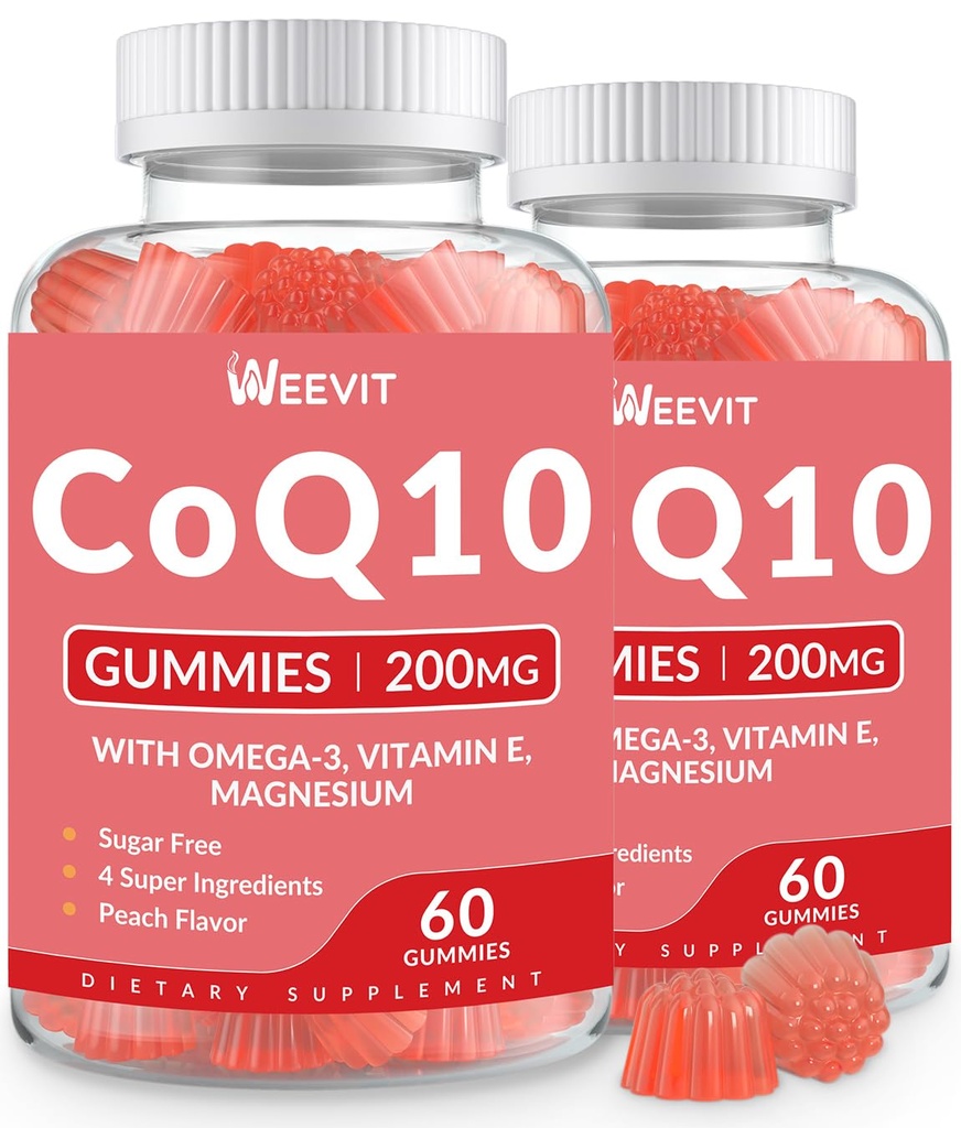 Sokeriton CoQ10 Gummies 200 MG, Coenzyme Q10 (Ubikinoni) Gumies for Adults, Co Q10 täydentää Omega-3, Magnesium, energia, aivojen tuki
