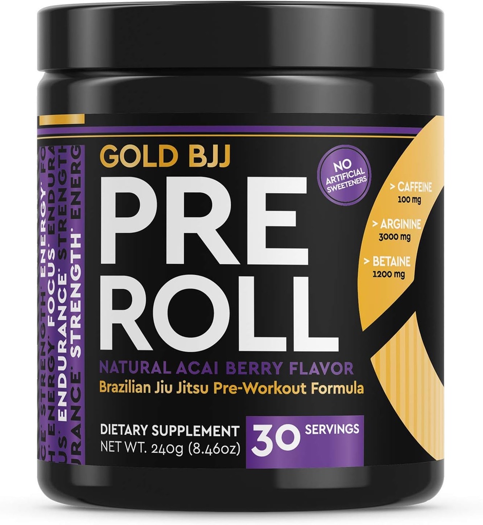 Gold BJJ PreRoll - Jiu Jitsu Pre Workout Supplement för energi, fokus och uthållighet - Martial Arts Specific Pre-Workout Powder Formel med naturliga smaker (Acai Berry, 30 portioner)