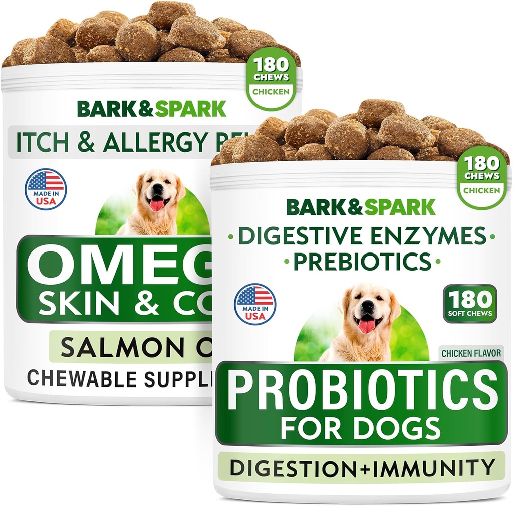 Dog Probiootit Chews + Omega 3 koirille Bundle - Kaasu, ripuli, Ummetus, Vatsavaivat Relief + Allergia ja kutina Relief - Ruoansulatuskanavan entsyymit + Prebiootit + Omega 3 - Iho- ja takkituki