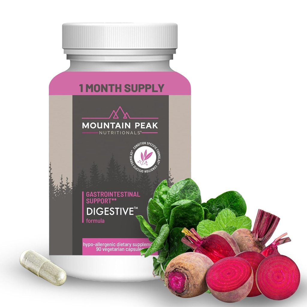 Mountain Peak Nutritionals Ruoansulatuskanavan Entsyymit ja probiootit Gut Health & Bloating Relief - Advanced Digestion Supplement w/ 12 Stran Probiootti Blend & Betaine HCl (90 kasvissyöjän kapselit)