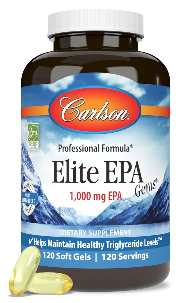 Carlson - Elite EPA Gems, 1000 mg EPA Fish Oil, Wild-Caught, Norwegian Fish Oil, kestävästi lähde, auttaa säilyttämään terve Triglyseridi tasoilla, 120 Softgels
