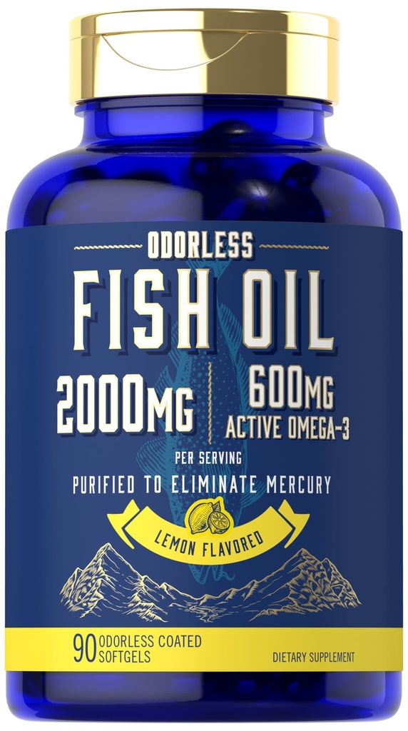 Carlyle Fish Oil 2000mg | 600mg Omega 3 Supplement för Män & Kvinnor | 90 Odorless Softgels | Lemon smaksatt | Non-GMO och Gluten Free