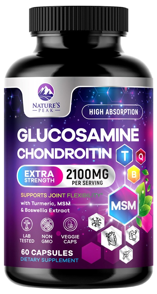 Glukosamin Chondroitin MSM Joint Supplement 2100mg - med glukosaminsulfat, gurkmeja, Boswellia, Quercetin & Bromelain - Naturens extra styrka flexibilitet, rörlighet och gemensamt stöd, 60 kapslar