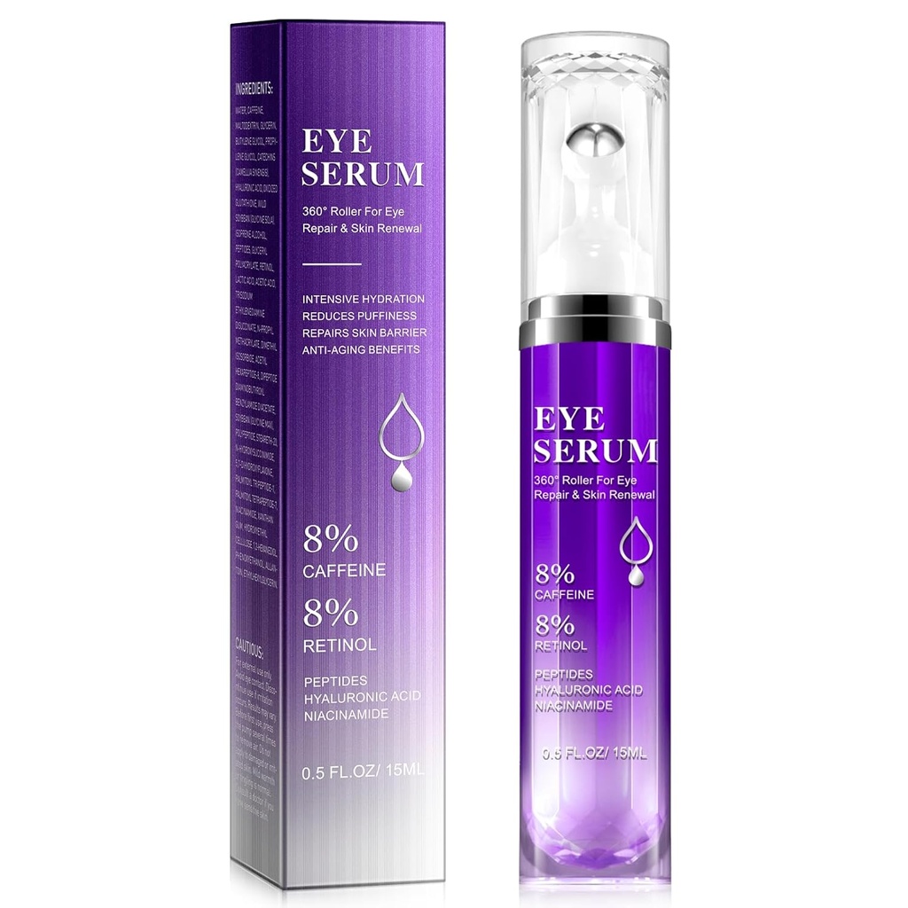 Under Eye Roller Serum - 8% Kofeiini & 8% Retinol Eye Cream for Dark Circles, Puffiness ja Bags, Puffy Bags Fine Lines ryppyjä, 360° hierontapallo Cream, Hyaluronic Acid Serum for Men & Women