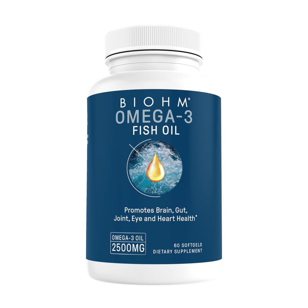 BIOHM Omega-3 Fish Oil (2500mg, 60 Softgels) High Potency 860mg EPA & 630mg DHA, Omega 3 rasvahappo täydentää tukea aivojen, nivelten, silmän, maksan ja Gut Health, kestävästi lähde