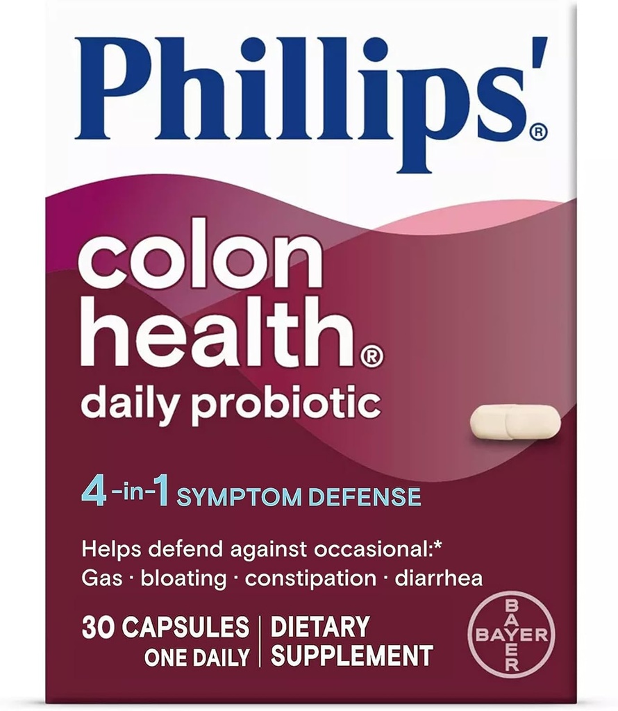 Phillips' Colon Health Daily Probiotic Kapselit, 4-in-1 Symptom Defense auttaa puolustautumaan satunnaisia kaasua, turvotusta, ummetus, ja ripuli, Päivittäinen täydentää, 30 Count