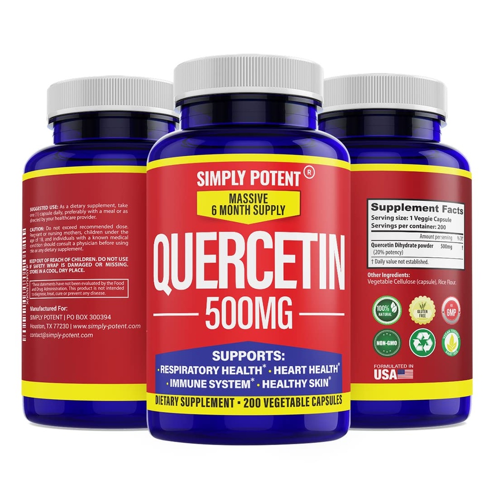Yksinkertaisesti Potent Quercetin lisäravinteet, Quercetin 500 mg 200 kapselia, 2 X Quercetin 250 mg Phytosome Bioflavonoid Antioksidantti Vegaani gluteenittomia pillereitä tukemaan terveitä sydämiä ja immuunitoimintoja