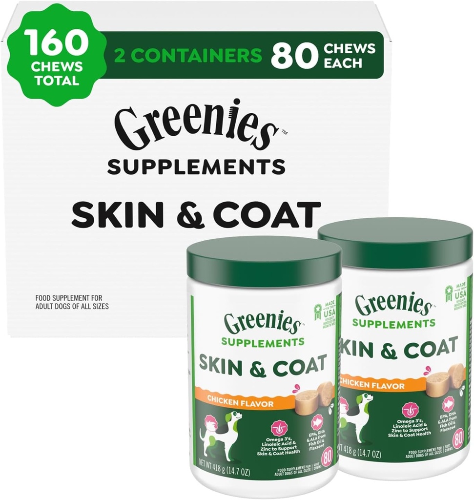 Vihreät Lisäravinteet Koiran iho ja takki täydentää kalaöljy & Omega 3 rasvahapot, kanan maku, 80-Count Tub, pakkaus 2