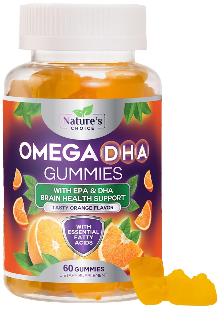 Omega 3 Fish Oil Gummies - Triple Strength Omega3 Gummy - DHA & EPA Fatty Acids för hjärthälsa, Joint & Brain Support, Nature's High Absorption Omega Fish Oil Supplement, Orange Flavor- 60 Gummies