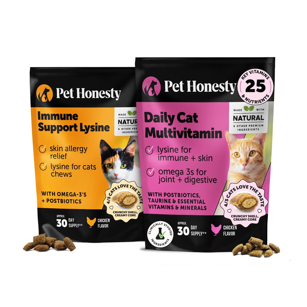 Cat Multivitamiinit + Immuunituki Lysine Dual Texture Chew Supplement Bundle - Tukee yleistä Immuuniterveys, nivelet, ihon ja turkin, ja Cat Allergia Relief - Aivastelu, Runny Nenä