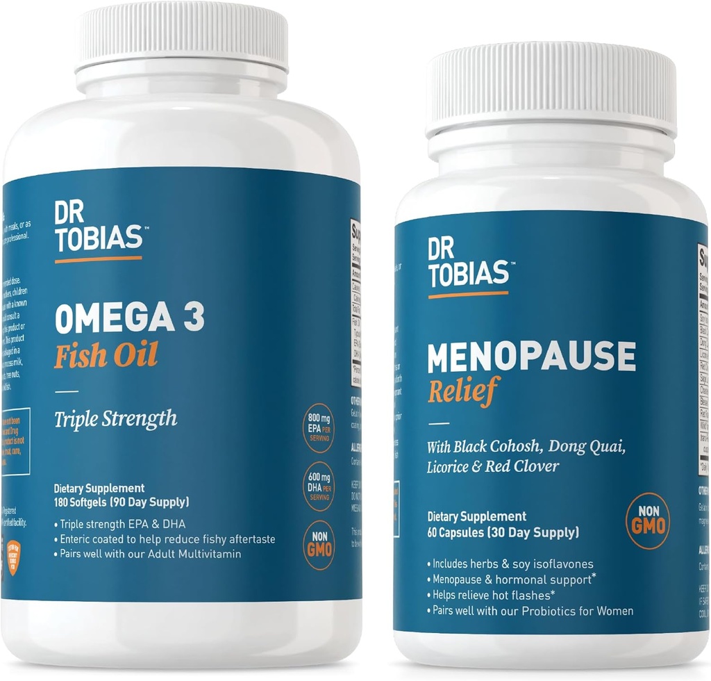 Tobias Omega 3 Fish Oil and Menopause Relief for Women, Umpieritys tuki Essential Omega 3s, Hot Flass ja Night Sweats Lisäravinteet, ei GMO