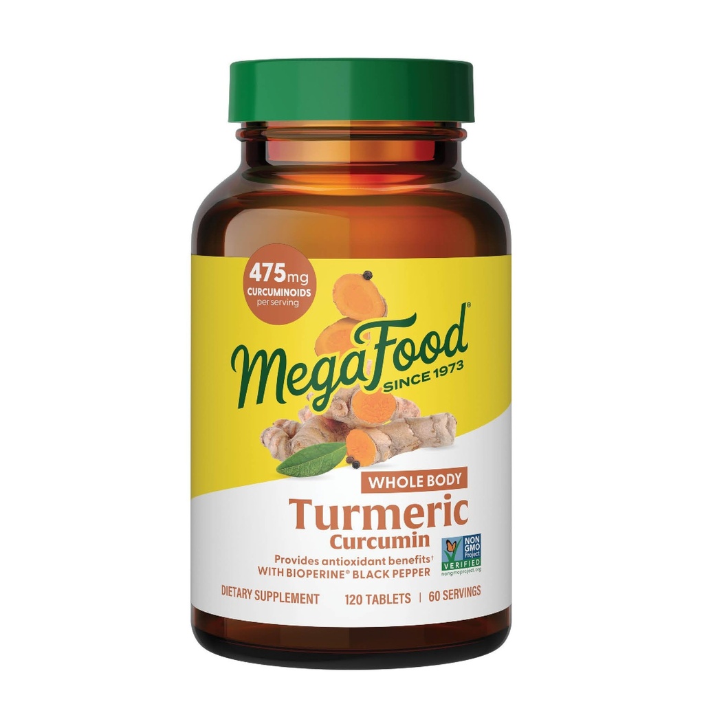 MegaFood Koko kehon kurkuma täydennysosa - kurkuma lisäravinteet mustapippuria & C-vitamiinia - 475 mg kurkuminoidit per Serving - antioksidantti & immuuni tuki - Vegaani - 120 tablettia, 60 tarjoilua