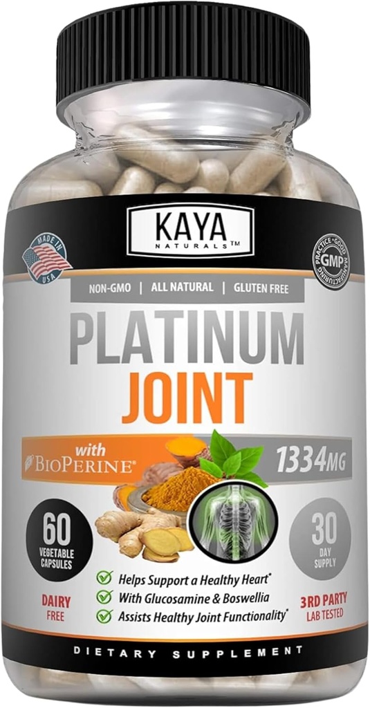 Kaya Naturals Platinum - Nature Made Bioperine, Glukosamin, gurkmeja med Boswellia, friska antioxidantegenskaper, gurkmeja Curcumin 1334mg - 60 kapslar