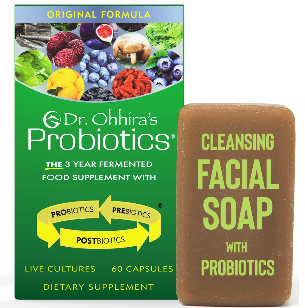 Dr Ohhiras Probiotika Original Formel 60 kapslar med Bonus Beauty Bar Soap Travel Storlek 20g - Inget Kyltillskott för kvinnor och män, 13 Probiotiska Stammar