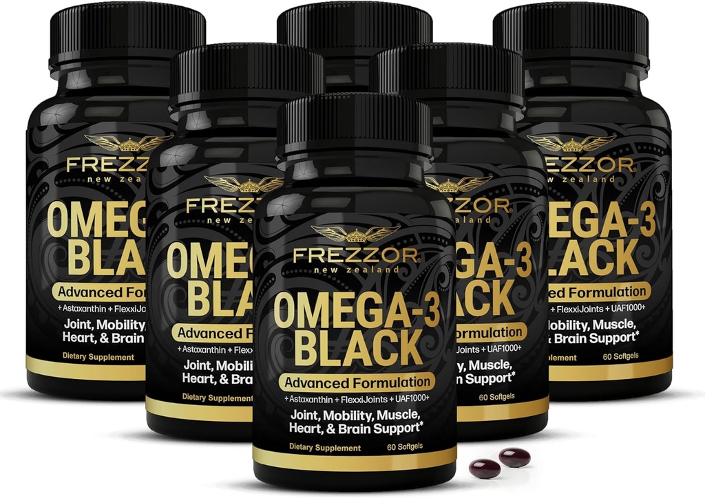FREZZOR Omega 3 Black for Joint Care & Comfort - Nya Zeeland Green Lipped Mussel Oil Capsules; 53x Högre styrka med UAF1000 + Super Antioxidant, No Fishy Aftertaste, 450mg, 6-Pack, 360 Softgels