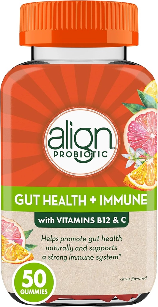 Align Probiootti, Gut Health & Immuniteetti tuki, probiootti naisille ja miehille, #1 Tohtori suositeltava tuotemerkki, C-vitamiini ja B12 Immuuni tuki & energia, Citrus Flavor, 50 Gummies