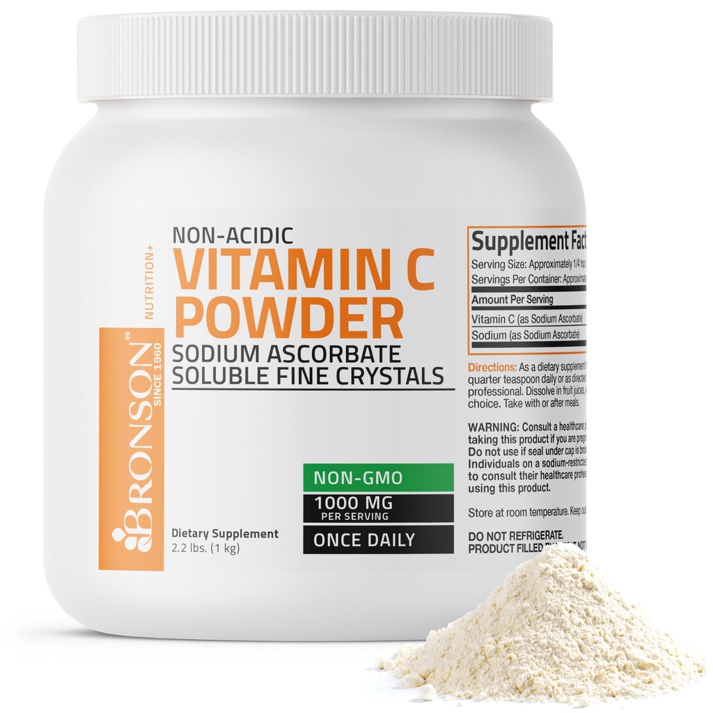 Bronson Non happamuuden C-vitamiinijauhe Natriumaskorbaatti Non GMO Liukoinen Fine Crystals - Terve immuunijärjestelmä, antioksidantti ja solusuojaus, 1 kilogramma (2,2 lbs, 35,3 Ounces)