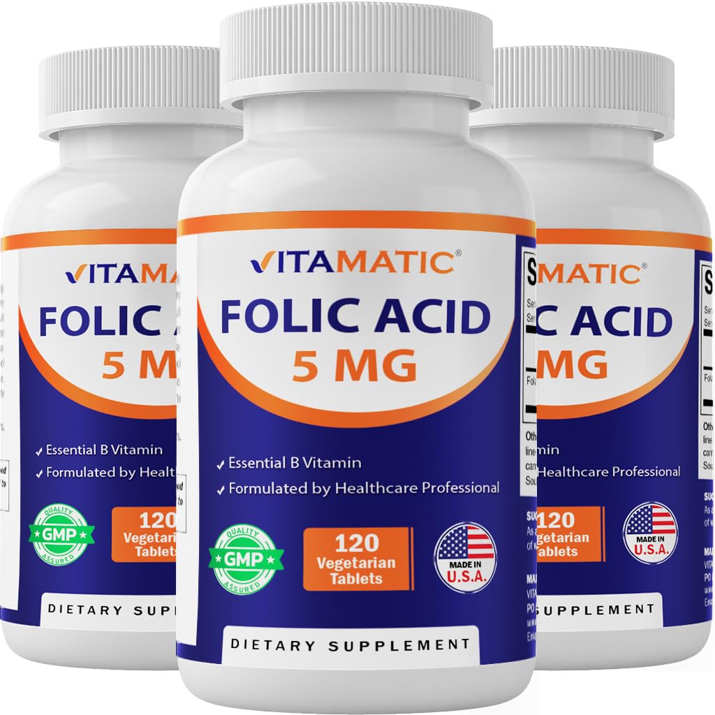 Vitamatic Folic Acid 5mg (5000 mikrog) 120 kasvissyöjätablettia per pullo ... B9-vitamiini (Folate) ... 3- pussi ... yhteensä 360 tablettia