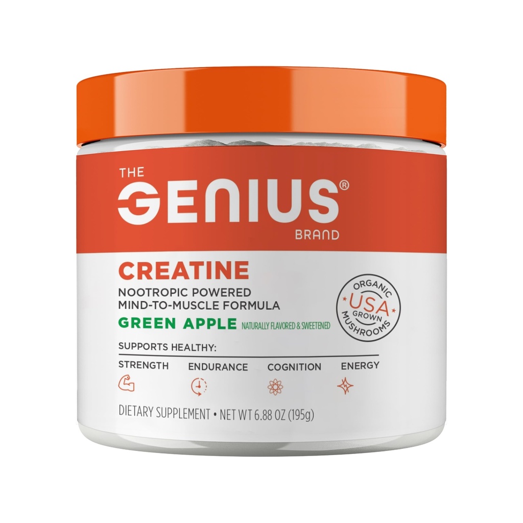Genius Micronized Creatine Monohydrate Powder, Post Workout Supplement, Green Apple - 100% naturligt smaksatt och sötad - stöder muskelbyggnad, cellulär energi och kognitiv funktion - 195 g