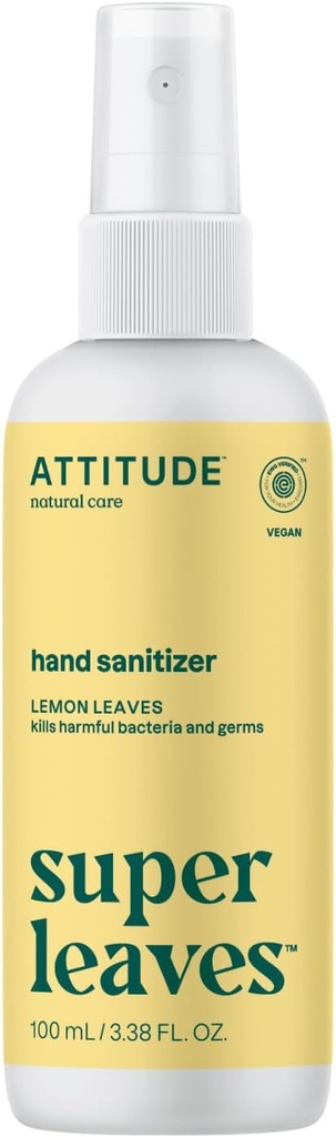 ATTITUDE käsisanitizer Spray, EWG Varmennettu, tappaa germs & Bakteeri, Vegan & Plant-Baseed, turvallinen aikuisille & lapsille, sitruunan lehdet haju, 3.38 Fl Oz (Spray Bottle)