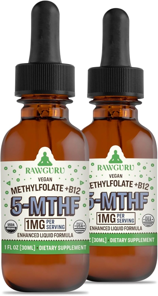 RawGuru Methylfolate 1mg+ B12-vitamiini - Orgaaninen vegan Methylated B12 -trace Minerals - Nano-Processed & Enhanced Liquid Formula - 300 Servings Vegan Drops per 30 ml, pakkaus 2