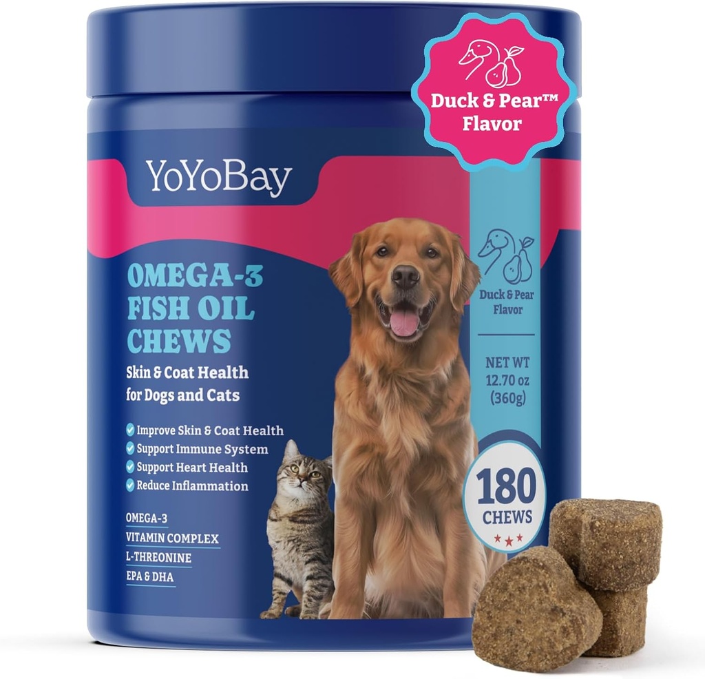Fish Oil Chews for Dogs & Cats, Omega 3 Fish Oil for Dogs - Rich in Omega 3, 6, ja 9 Pellavaöljy, EPA & DHA - 180 Pehmeät Chews, Duck & Pear Flavor - Tulehduksen, ihon ja takin terveys