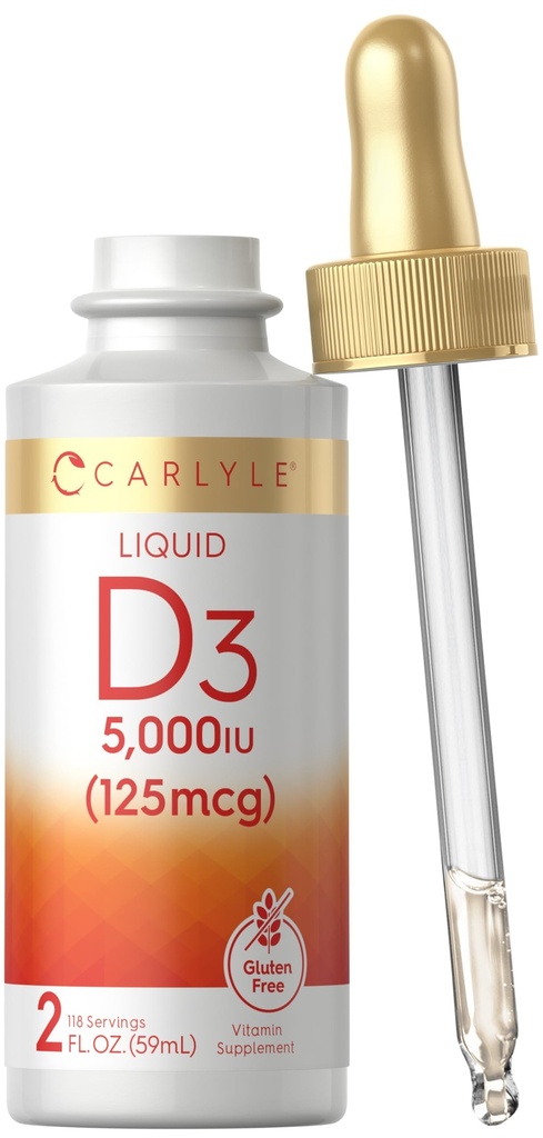 Carlyle Liquid Vitamin D3 | 5000 IE (125 mcg) | 2 oz | Vegetarisk, icke-GMO och Gluten fri tillägg | Vitamin D flytande droppar för vuxna