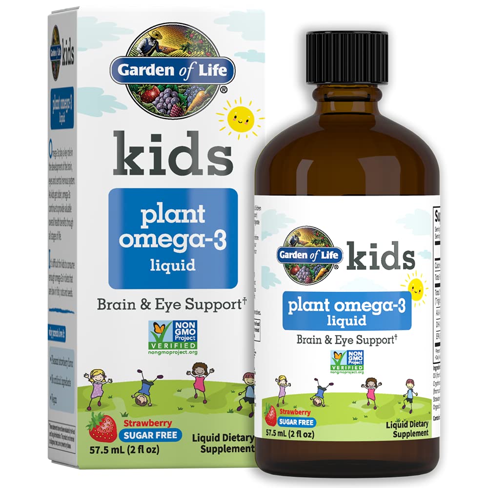 Puutarha Life Kids Plant Omega-3 Liquid, Mansikka - Vegan Brain & Eye Support for Kids, Plant-Baseed Children's Omega 3 ALA, DHA & EPA Sugar Free & non-GMO - 2 fl oz Liquid