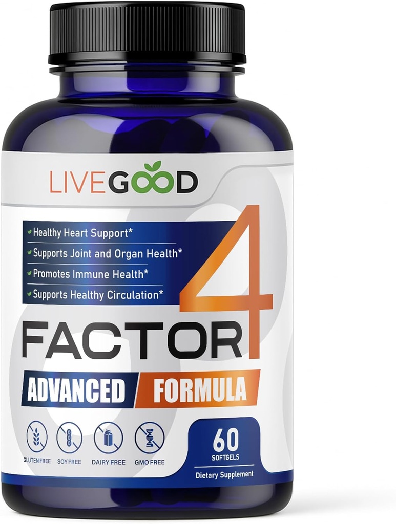 LIVEGOODTM Factor 4, Omega 3 Fish Oil med EPA & DHA, CoQ10 och Turmeric, Advanced Q10 Coenzyme & CoQ10 Supplements, DHA Supplements for Heart, Joint & Immune Support, Made in USA, 60 Count,
