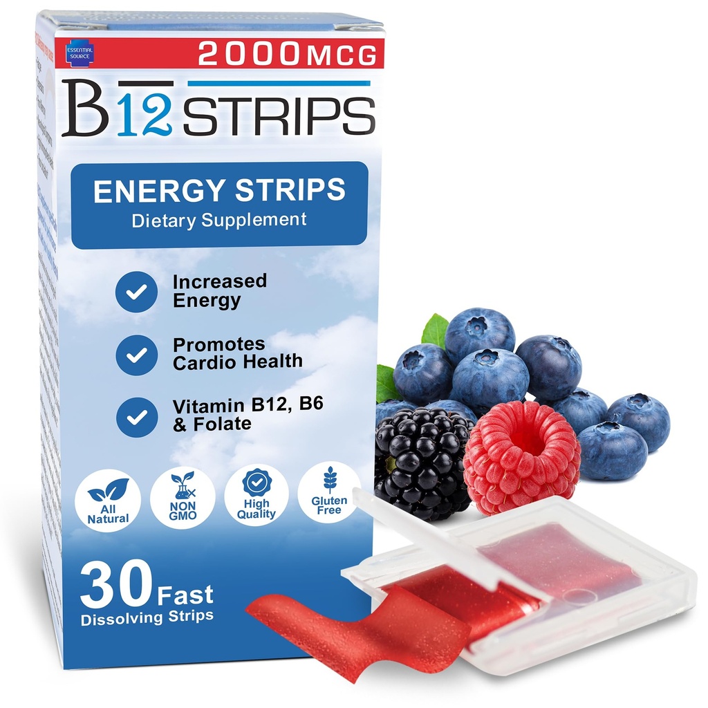 Essential Source 2000 mcg Methylcobalamiini B12 Sublingual Energy Strips ... Biotiini, B6, 5-MTHF L-Metyylifolaatti ... Alalingutiivinen B12-vitamiinit, Folaatti energia, hermojen toiminta - 30 Strips