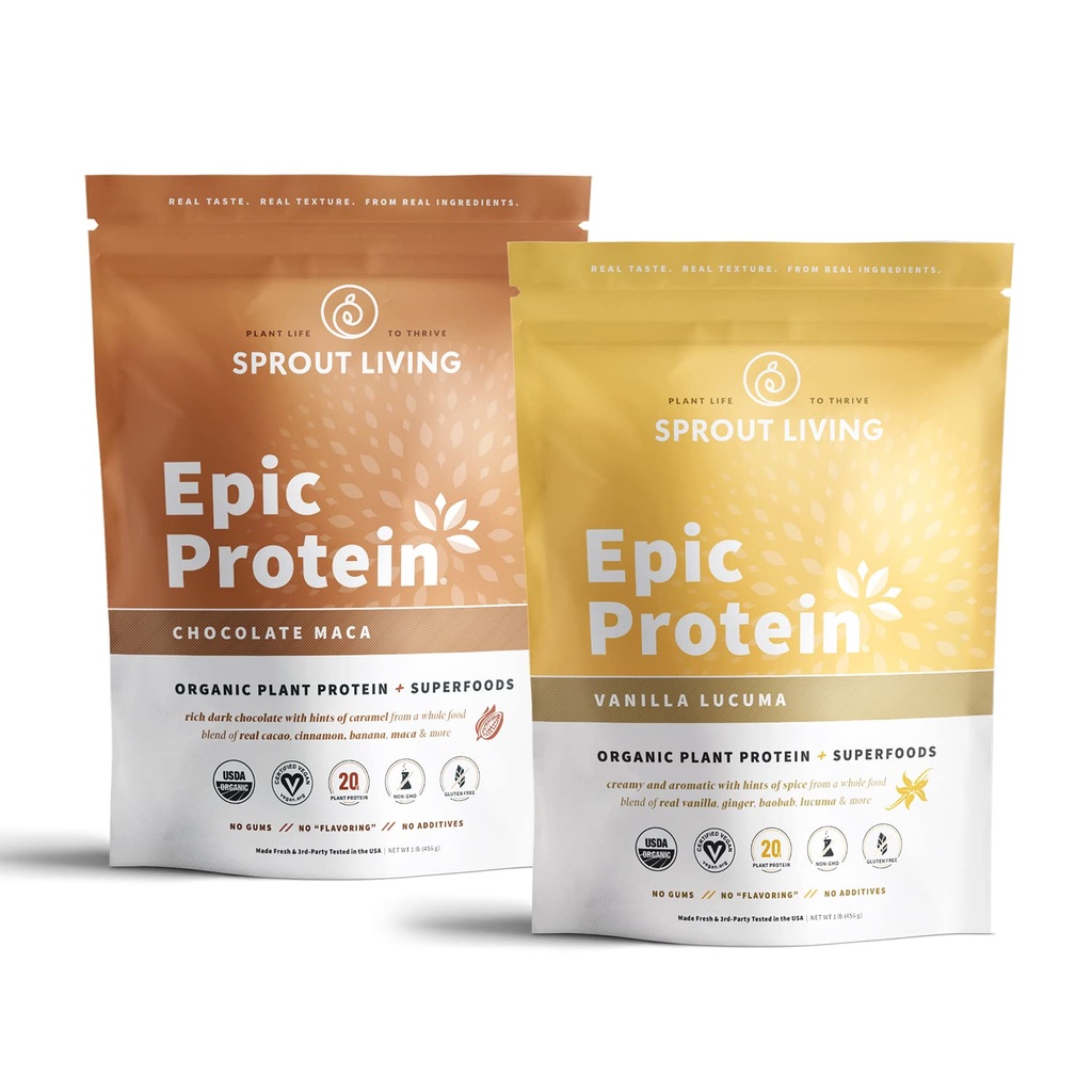 Sprout Living Epic Protein Bundle - Chocolate Maca & Vanilla Lucuma (20g Organic Plant-Based Protein Powder, Vegan, Gluteeniton, Superfoods)