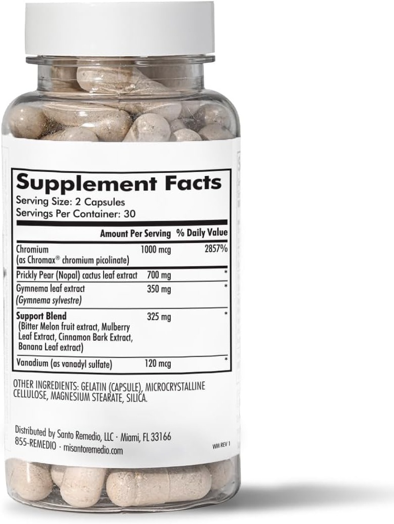 Santo Remedio's Exclusive Formula with Nopal, Cromi Picolinate (Chromax), Gurmar (Gymnema Silvestre) ja Vanadyl Sulfate. 60 kapselia (30 palvelinta)