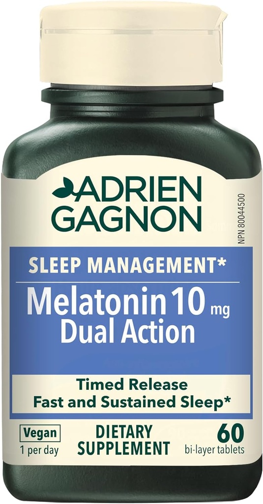 Adrien Gagnon - Melatoniini 10mg, Dual Action Time Release Melatoniini Syvälle unelle, Luonnollinen unilääkkeet aikuisille Extra Strength, 60 Vegan Melatoniini Nopea liuotus Tabletit