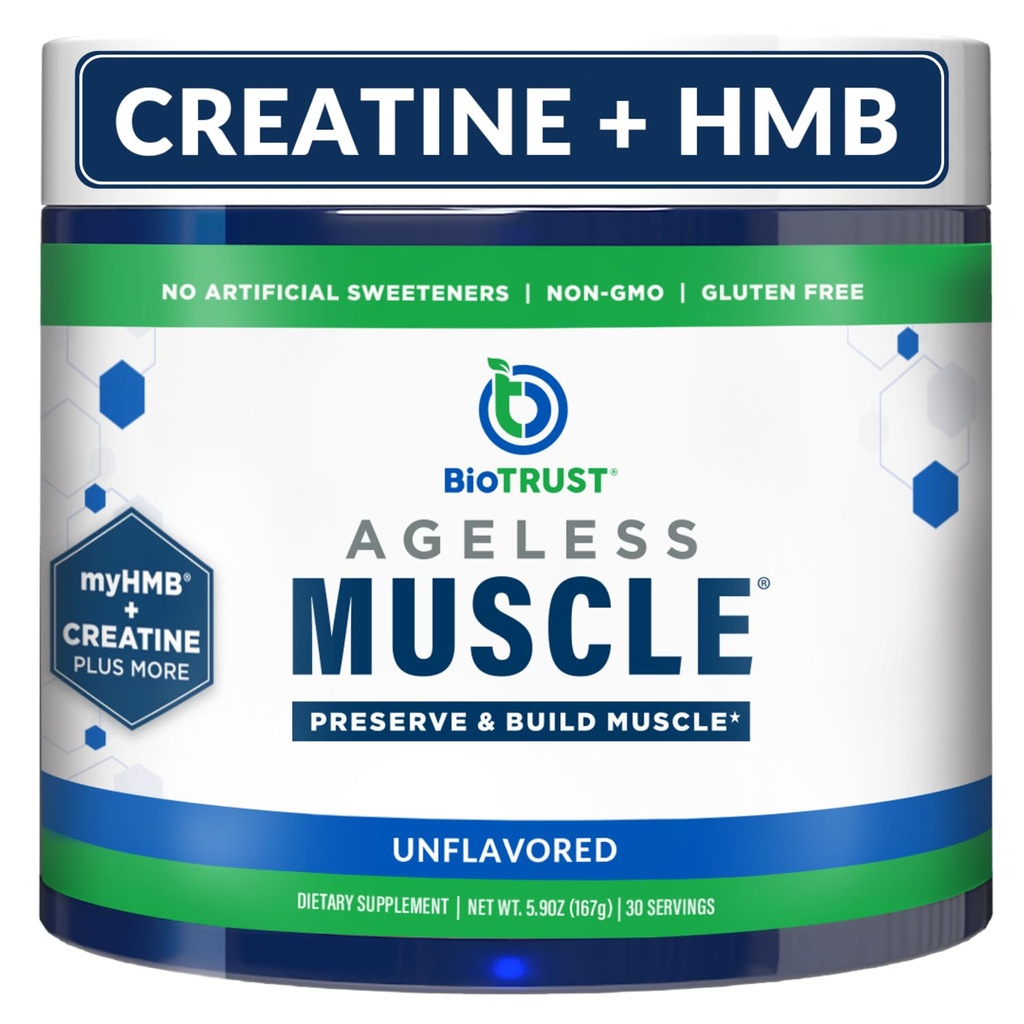 BioTrust Ageless Muscle Builder - Kreatin HMB-pulver med vitamin D3 & Betaine - Bygg och bevara naturligt minskande muskelmassa och styrka - Osmakad, 30 portioner