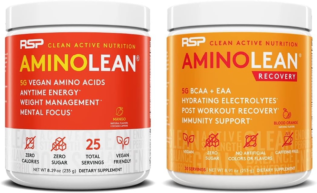 RSP NUTRITION Vegan AminoLean Pre harjoitus energia (Mango 25 Servings) kanssa AminoLean Recovery Post Treenout Boost (Blood Orange 30 Servings)