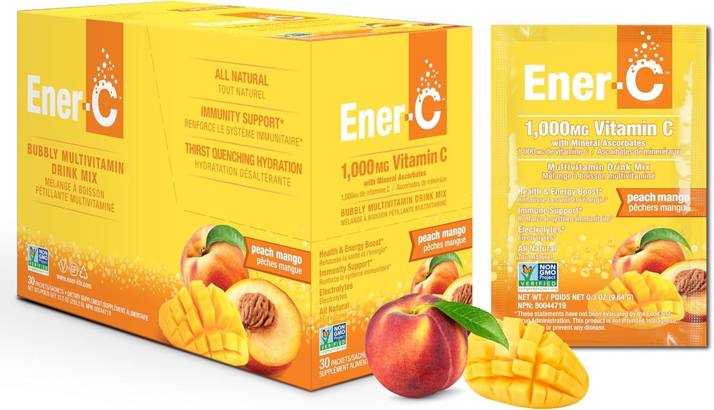 Ener-C Peach Mango Multivitamin Drink Mix Powder Vitamin C 1000mg & Electrolytes med Real Fruit Juice Natural Energy & Immune Support för kvinnor och män - Non-GMO Vegan & Gluten Free - 30 Count