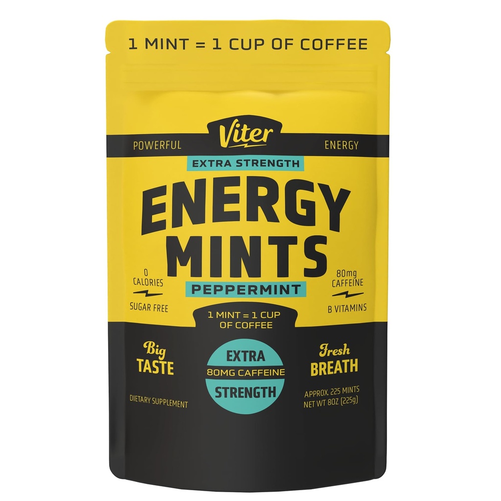 Viter Energy Extra Strength kofeiiniton mints 80mg kofeiini, B-vitamiinit, sokeriton. (Peppermint, 8oz, Bulk Bag)
