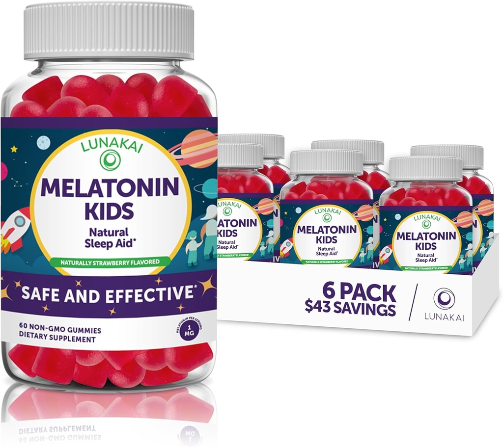 Lunakai Kids Melatoniini Gummies 1mg - Tastiest ominainen Formula - Ei-GMO, Vegan, Gluteenittomat puruton pieni annos täydentää lapsille - Luonnollinen uni Gummy lapsille 2 vuotta vanha+ - (6 pakkaus)