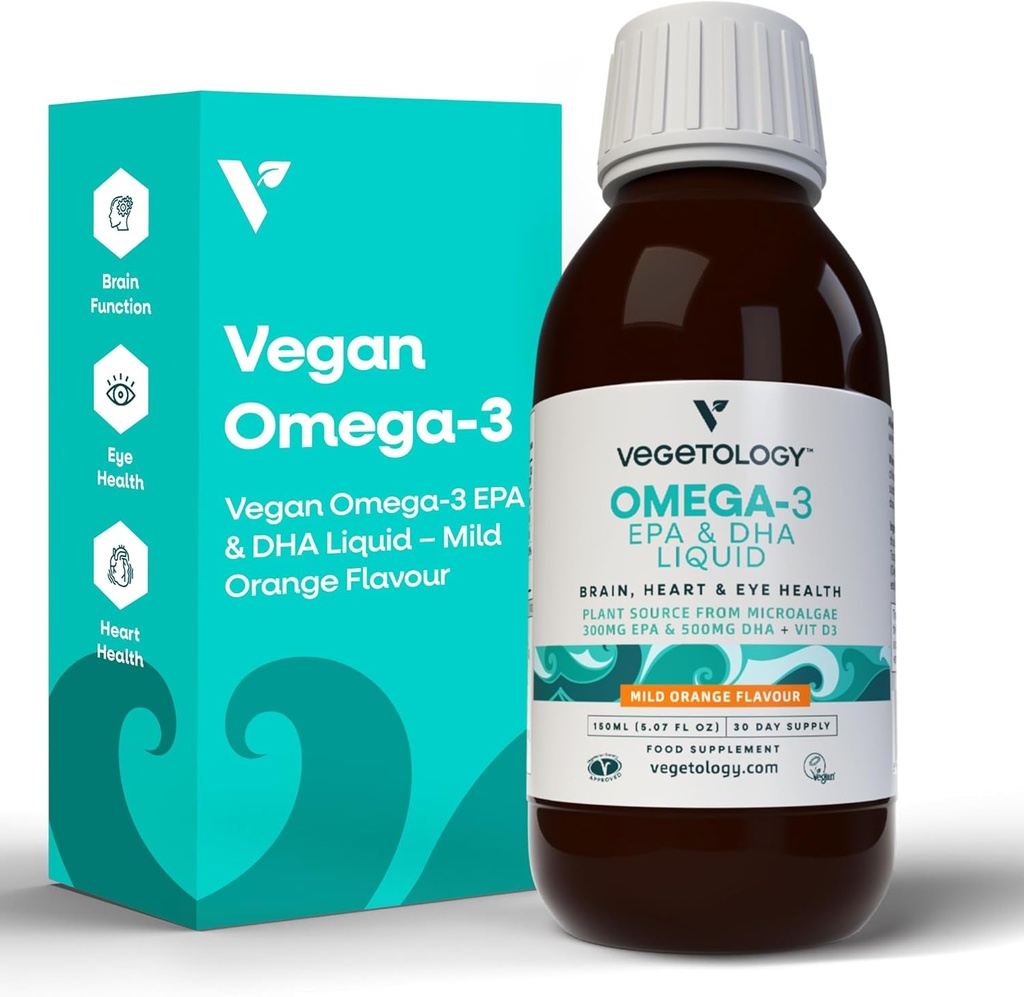 Vegan Omega 3 Liquid, alkaen Microalgae, 800mg EPA DHA, jossa D3-vitamiini, tukee sydän, aivot ja silmien terveys, Natural Fish Oil Alternative, UK Made, Mild Orange Flavored