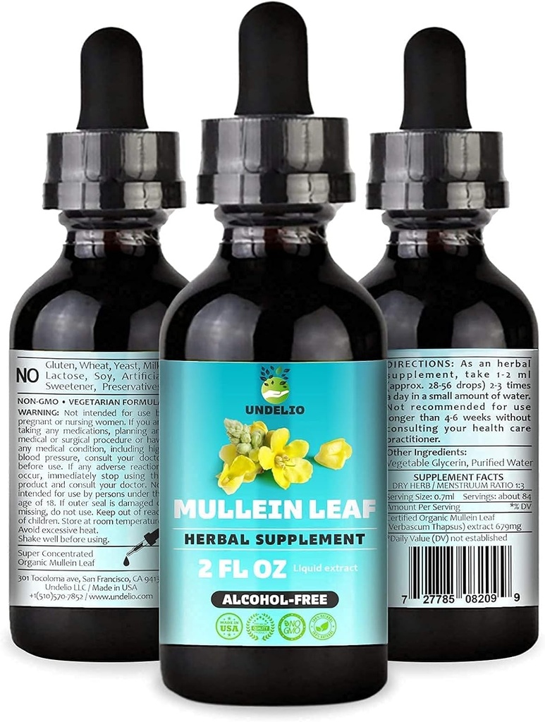 Undelion kasviperäinen Mullein Leaf Extract - Orgaaninen ja alkoholiton tina hengitys-, keuhko-, uni- ja digestiivinen tuki - ei-GMO, Vegan - 2 fl. Oz Immune Health & Lung Detox
