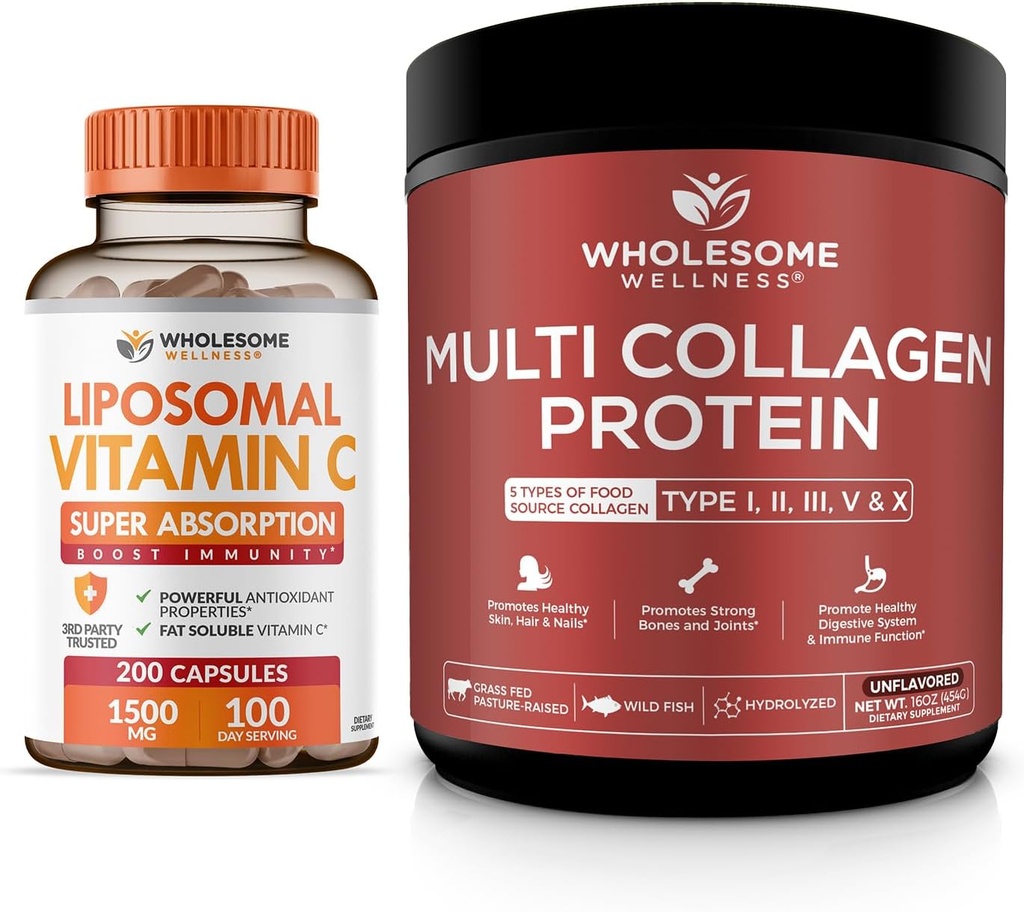 Terveellinen hyvinvointi Liposomaaliset C-vitamiinikapselit + Multi Kollageeni Proteiinijauhe Hydrolysoitu Bundle