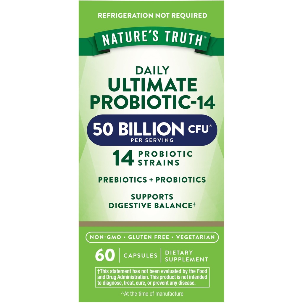 Naturens sanningsprobiotikum för kvinnor och män | 50 miljarder CFU | 14 Probiotiska stammar | 60 kapslar | mage vänlig | 200mg prebiotika | Vegetarisk, icke-GMO & Gluten fri tillägg